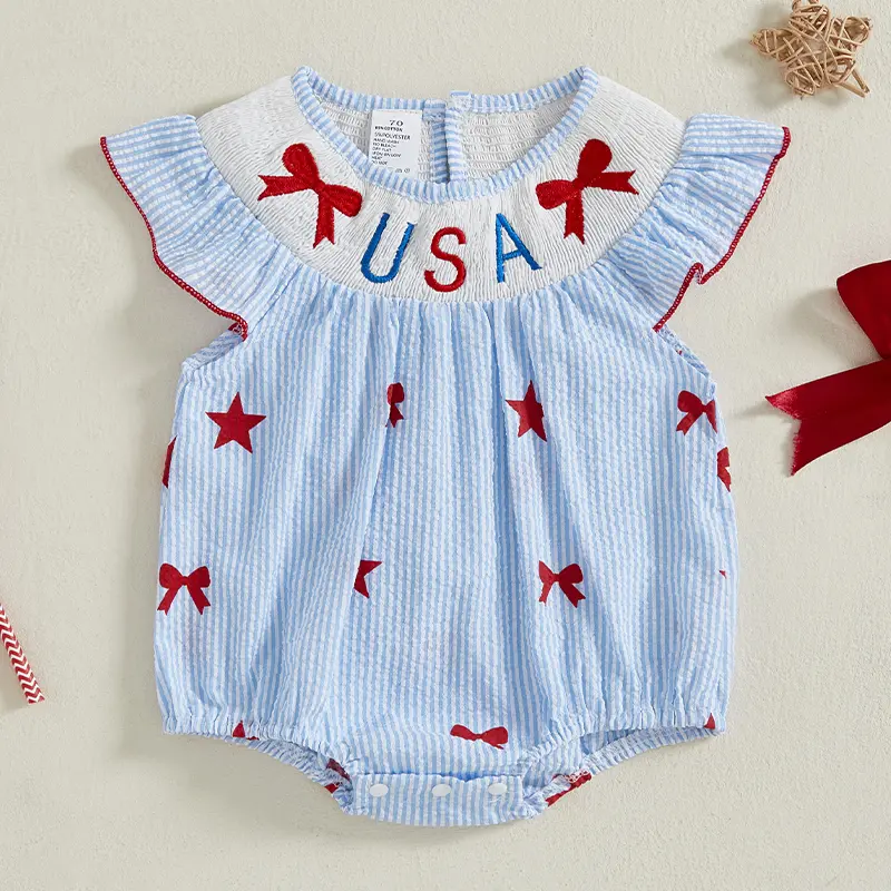 Baby Girls Independence Day Romper Flying Sleeve O Neck Bow Letter Embroidery Striped Jumpsuit