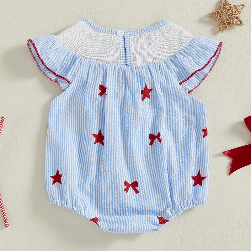 Baby Girls Independence Day Romper Flying Sleeve O Neck Bow Letter Embroidery Striped Jumpsuit