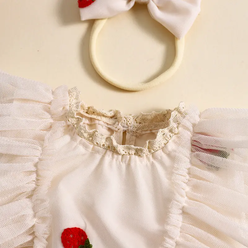 ma&baby 0-18M Baby Girl Romper Newborn Infant Toddler Tulle Jumpsuit Strawberry Embroidery Mesh Sunsuit Headband  Summer Outfits