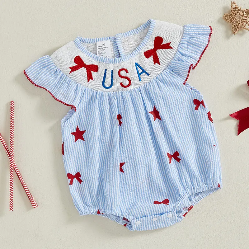 Baby Girls Independence Day Romper Flying Sleeve O Neck Bow Letter Embroidery Striped Jumpsuit