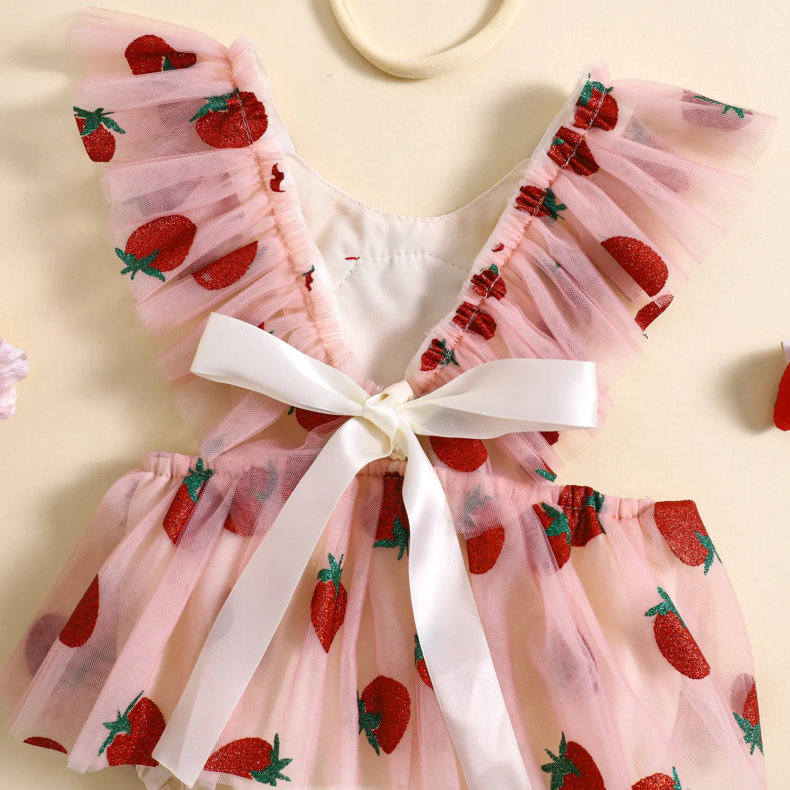 ma&baby 0-18M Baby Girl Romper Newborn Infant Toddler Jumpsuit Strawberry Embroidery Tulle Sunsuit Overall Headband  Outfit