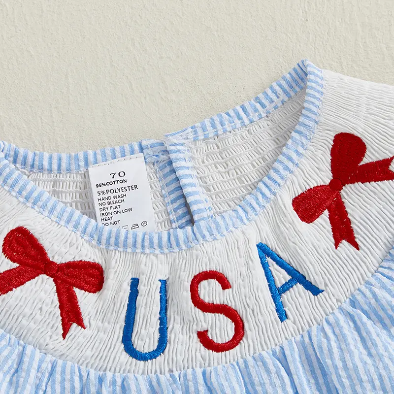 Baby Girls Independence Day Romper Flying Sleeve O Neck Bow Letter Embroidery Striped Jumpsuit