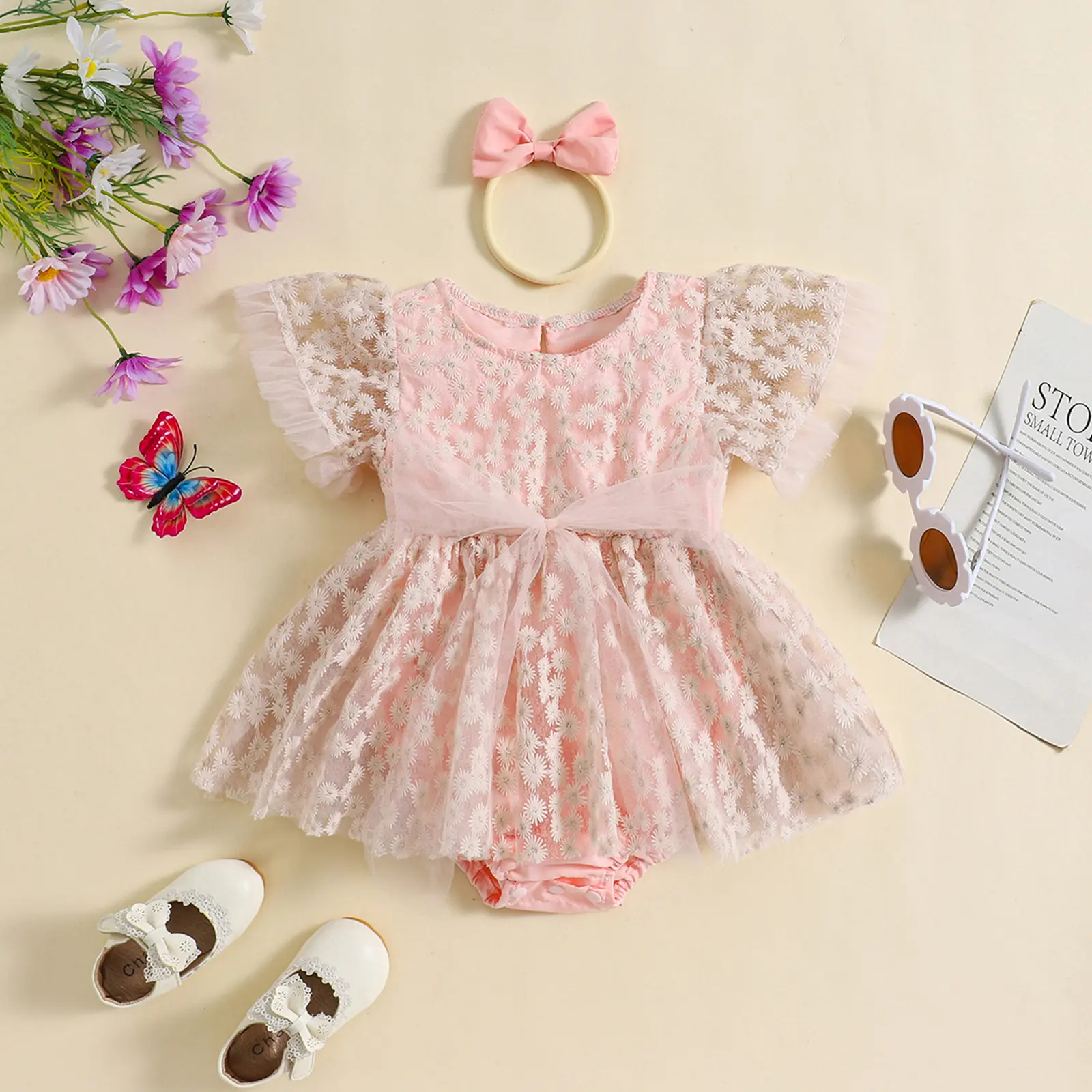 ma&baby 0-18M Baby Girl Romper Newborn Toddler Infant Daisy Floral Tulle Jumpsuit Clothes Headband Summer Outfits