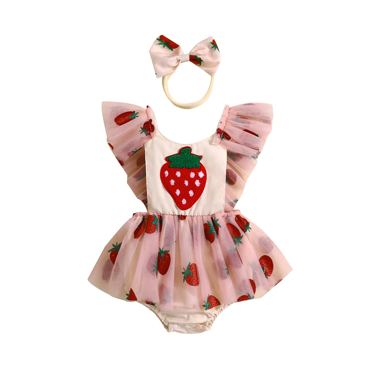 ma&baby 0-18M Baby Girl Romper Newborn Infant Toddler Jumpsuit Strawberry Embroidery Tulle Sunsuit Overall Headband  Outfit