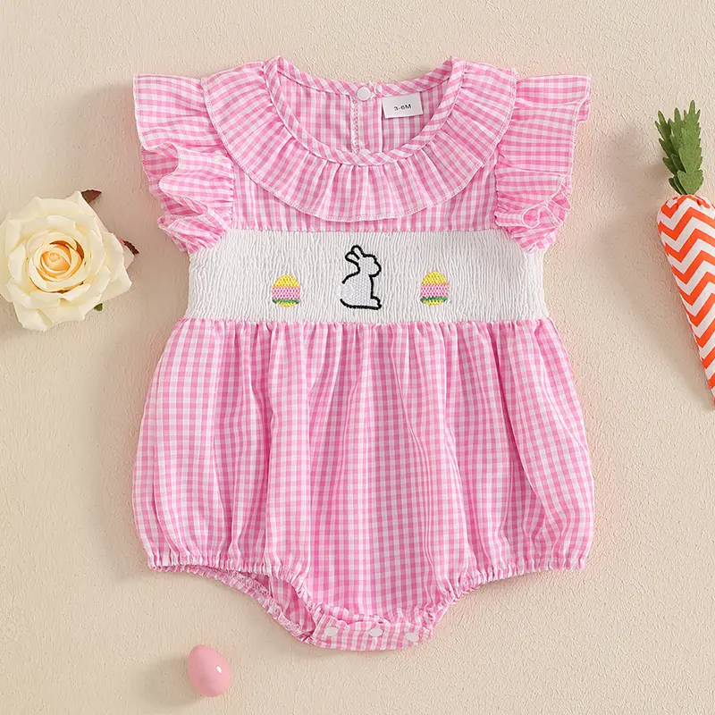 ma&baby 0-18M Easter Newborn Infant Baby Girls Rompers Rabbit Embroidery Plaid Ruffles Jumpsuits Summer Clothing