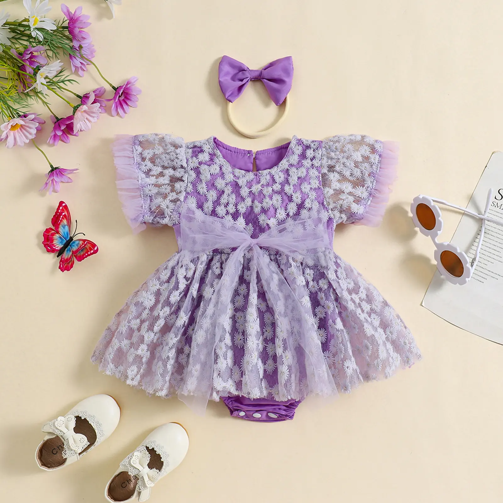 ma&baby 0-18M Baby Girl Romper Newborn Toddler Infant Daisy Floral Tulle Jumpsuit Clothes Headband Summer Outfits