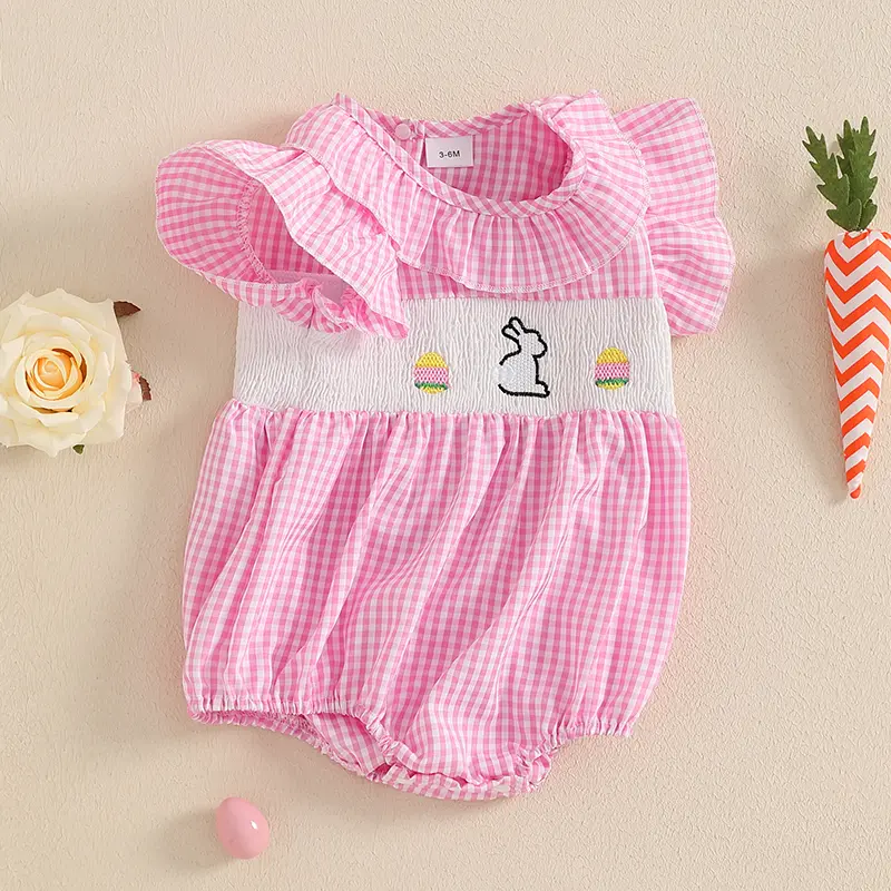 ma&baby 0-18M Easter Newborn Infant Baby Girls Rompers Rabbit Embroidery Plaid Ruffles Jumpsuits Summer Clothing