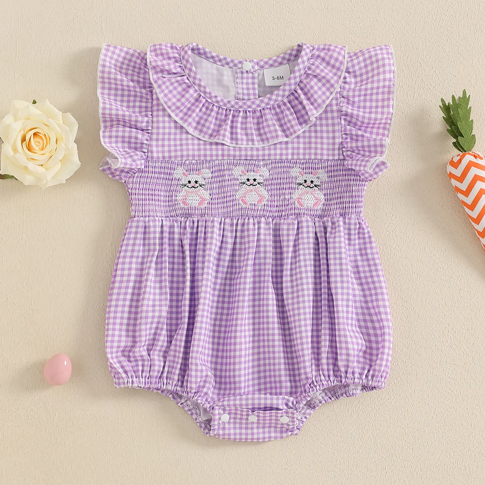 ma&baby 0-18M Easter Newborn Infant Baby Girls Rompers Rabbit Embroidery Plaid Ruffles Jumpsuits Summer Clothing