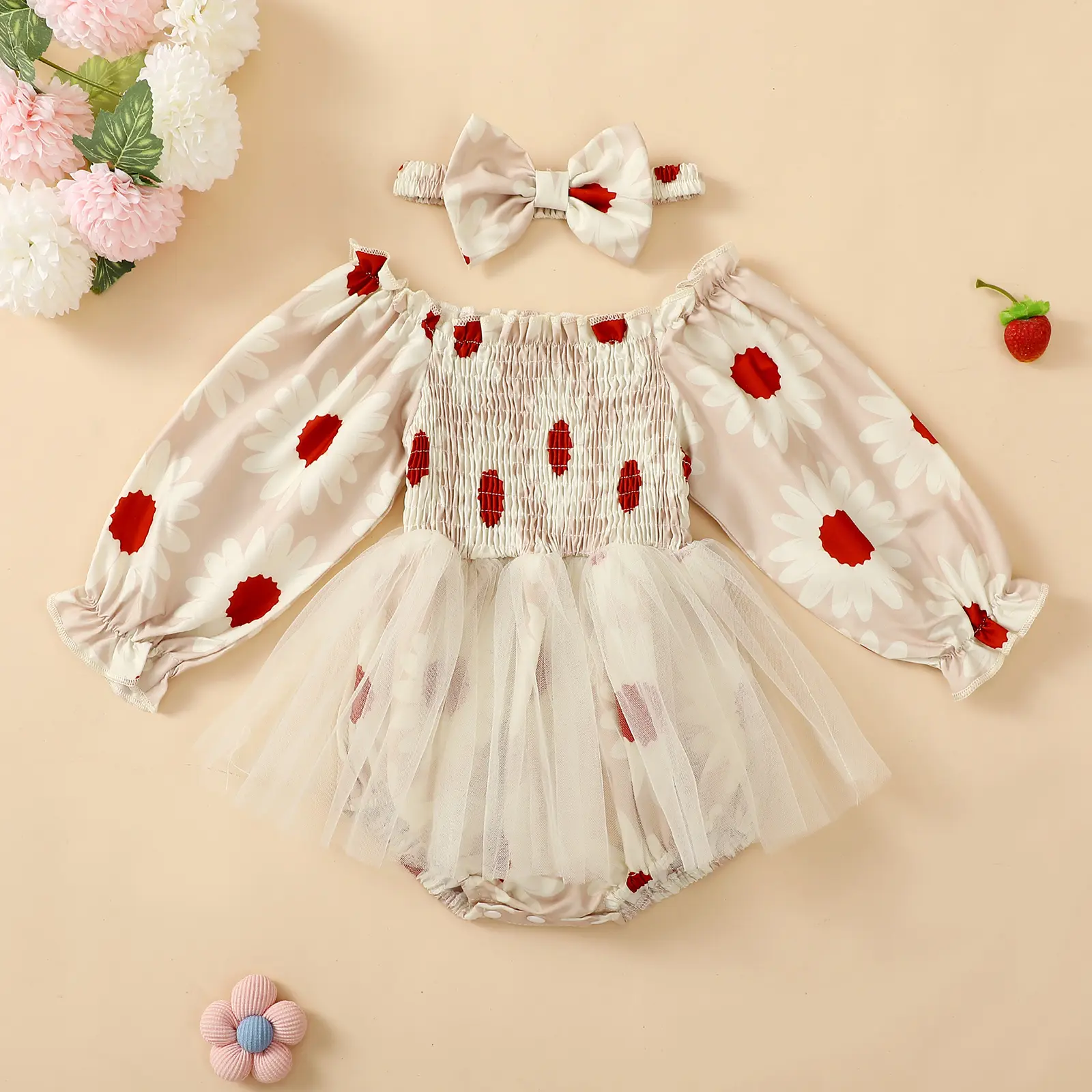 ma&baby 0-18M Baby Girl Romper Newborn Infant Toddler Long Sleeve Strawberry/Floral Daisy Print Jumpsuit Headband Fall Outfits