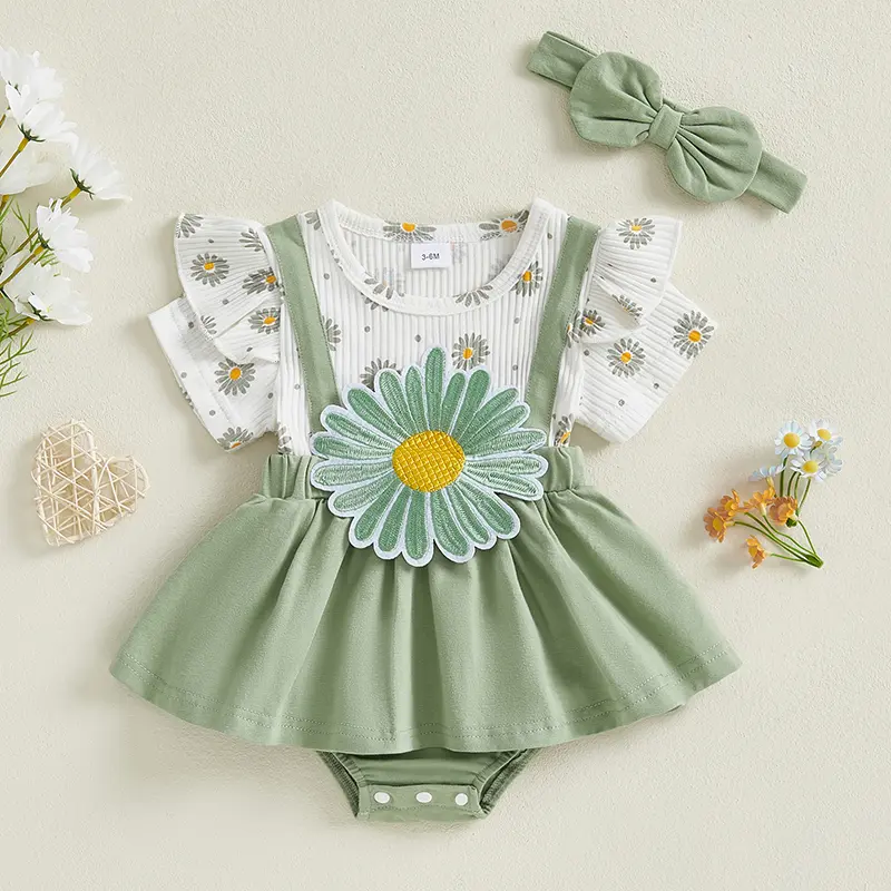 ma&baby 0-18M Baby Girl Romper  Newborn Infant Daisy Print Embroidery Jumpsuit with Cute Headband Set