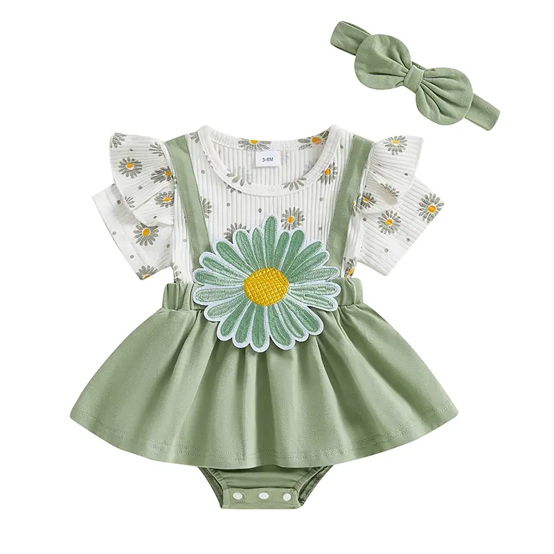 ma&baby 0-18M Baby Girl Romper  Newborn Infant Daisy Print Embroidery Jumpsuit with Cute Headband Set