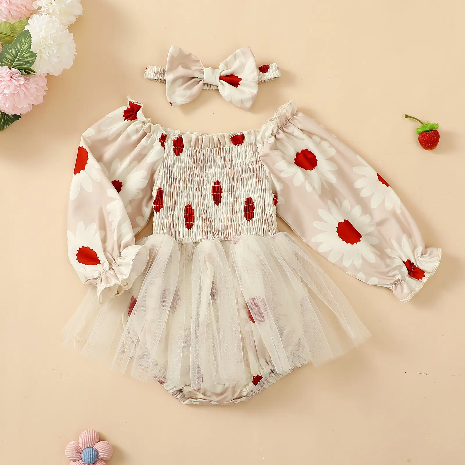 ma&baby 0-18M Baby Girl Romper Newborn Infant Toddler Long Sleeve Strawberry/Floral Daisy Print Jumpsuit Headband Fall Outfits