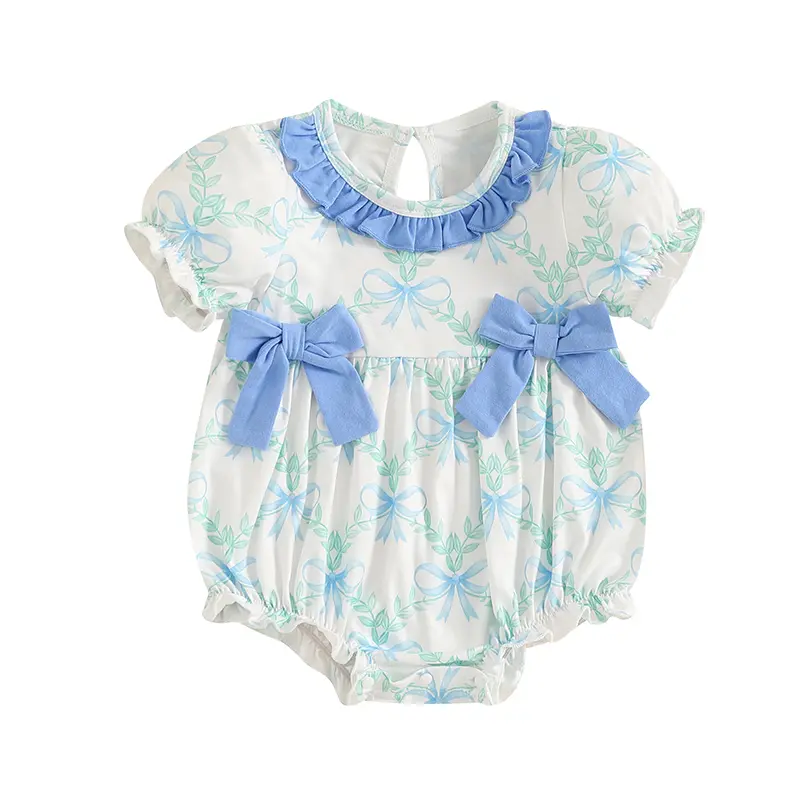 Baby Girls Summer Romper Casual Bow Print Round Neck Short Sleeve Newborn Jumpsuit for Toddler Cute Clothes