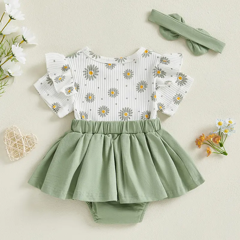 ma&baby 0-18M Baby Girl Romper  Newborn Infant Daisy Print Embroidery Jumpsuit with Cute Headband Set