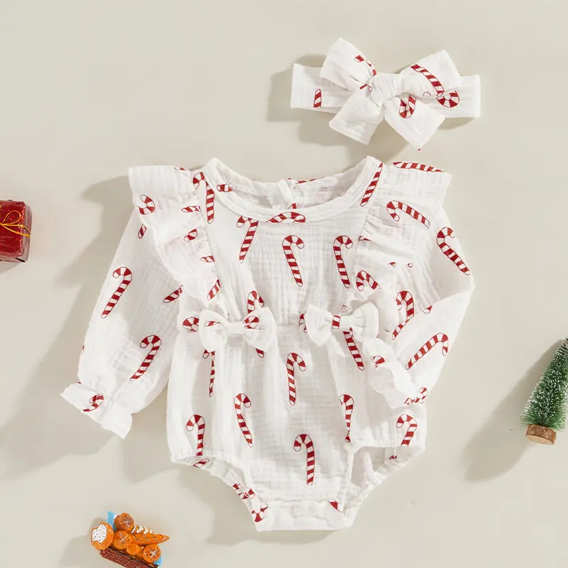 ma&baby 0-18M Christmas Baby Girl Romper Newborn Infant Toddler Candy Print Long Sleeve Jumpsuits Cute Headband Xmas Outfit