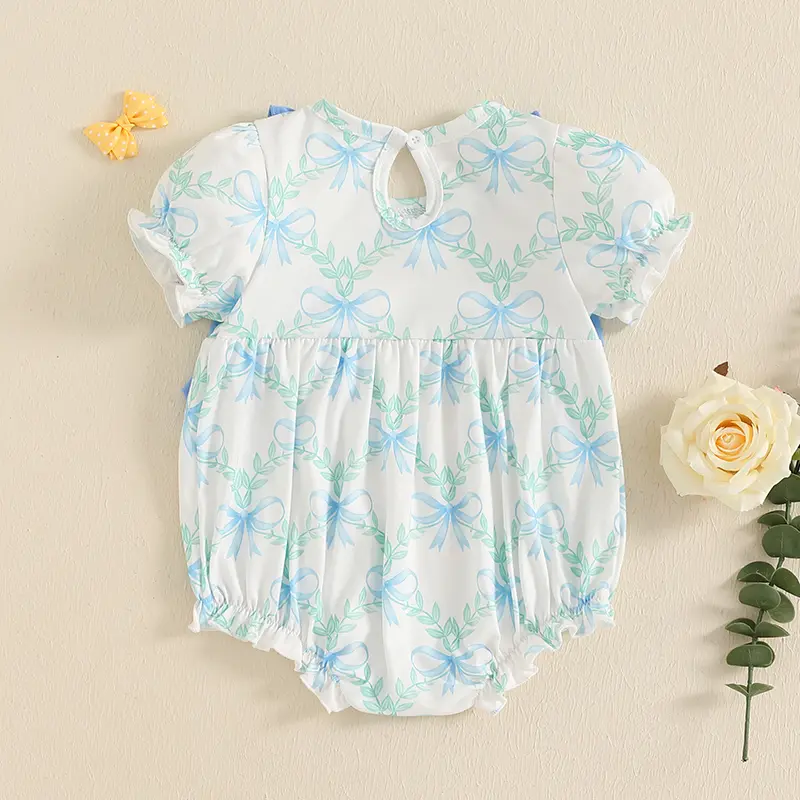 Baby Girls Summer Romper Casual Bow Print Round Neck Short Sleeve Newborn Jumpsuit for Toddler Cute Clothes