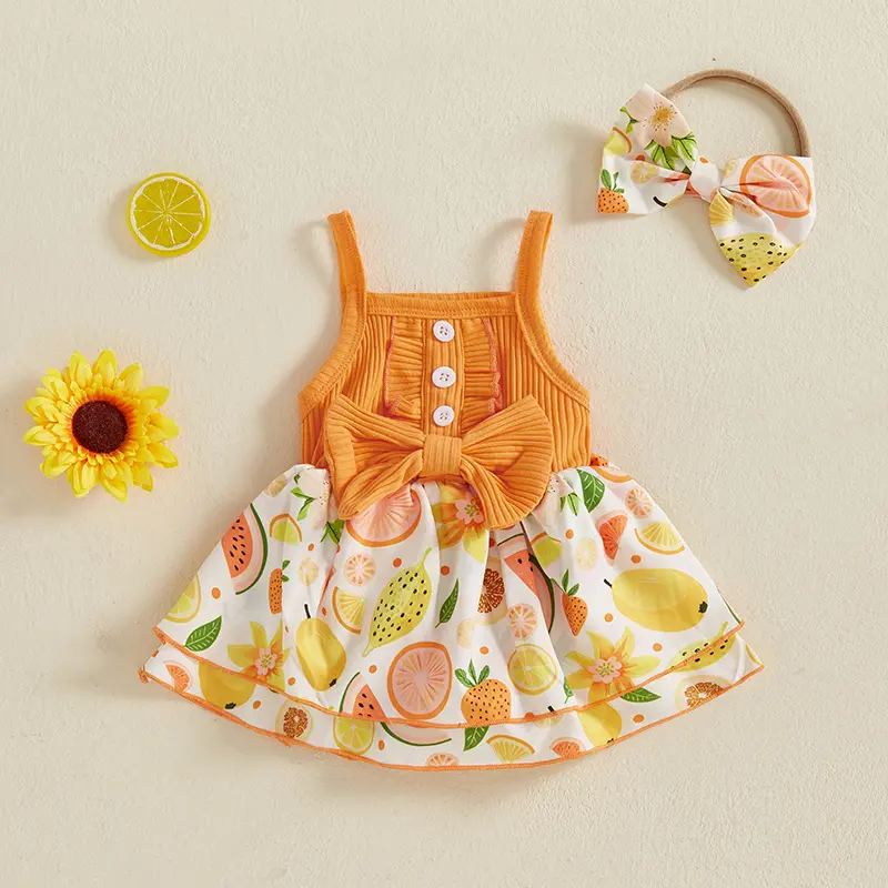 ma&baby 0-18M Newborn Infant Baby Girls Summer Dress Fruit Print Sleeveless Square Neck Bow A-line Dresses with Headband