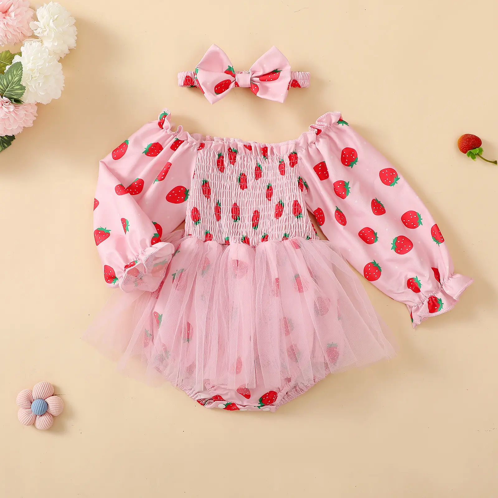 ma&baby 0-18M Baby Girl Romper Newborn Infant Toddler Long Sleeve Strawberry/Floral Daisy Print Jumpsuit Headband Fall Outfits