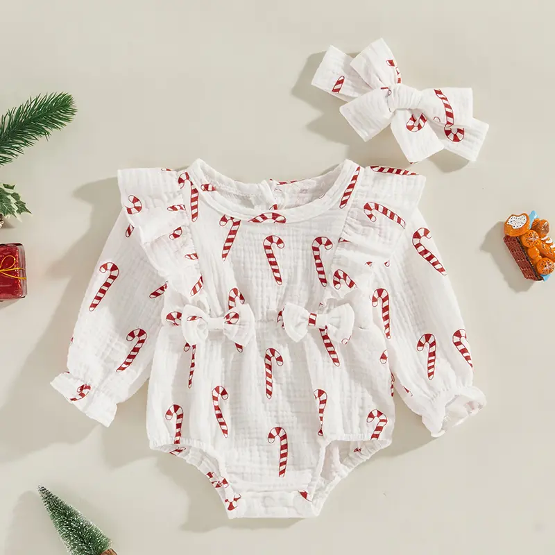 ma&baby 0-18M Christmas Baby Girl Romper Newborn Infant Toddler Candy Print Long Sleeve Jumpsuits Cute Headband Xmas Outfit