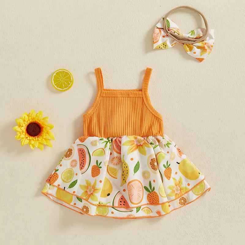 ma&baby 0-18M Newborn Infant Baby Girls Summer Dress Fruit Print Sleeveless Square Neck Bow A-line Dresses with Headband