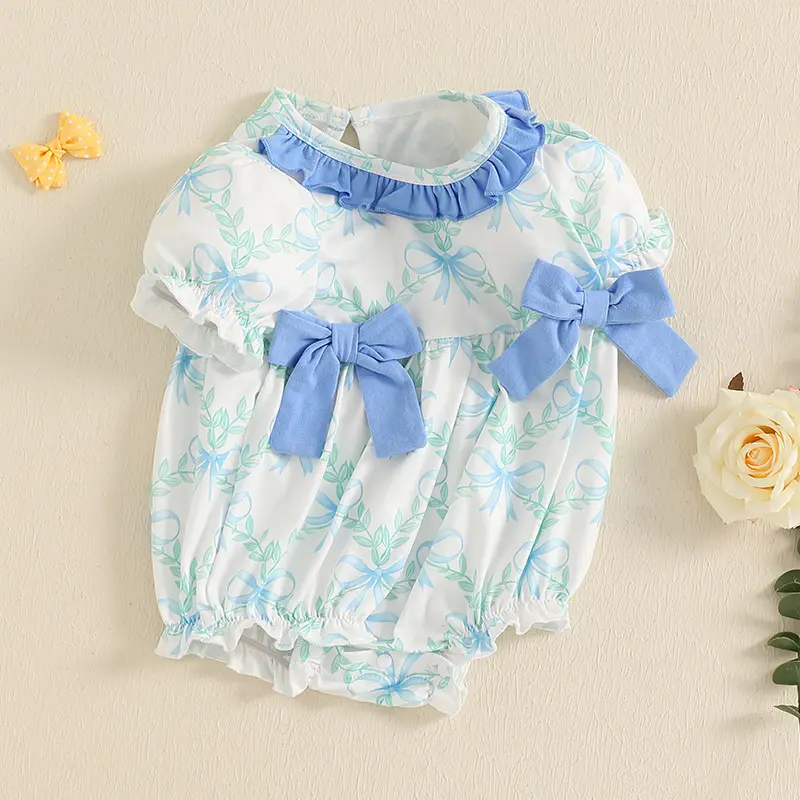 Baby Girls Summer Romper Casual Bow Print Round Neck Short Sleeve Newborn Jumpsuit for Toddler Cute Clothes