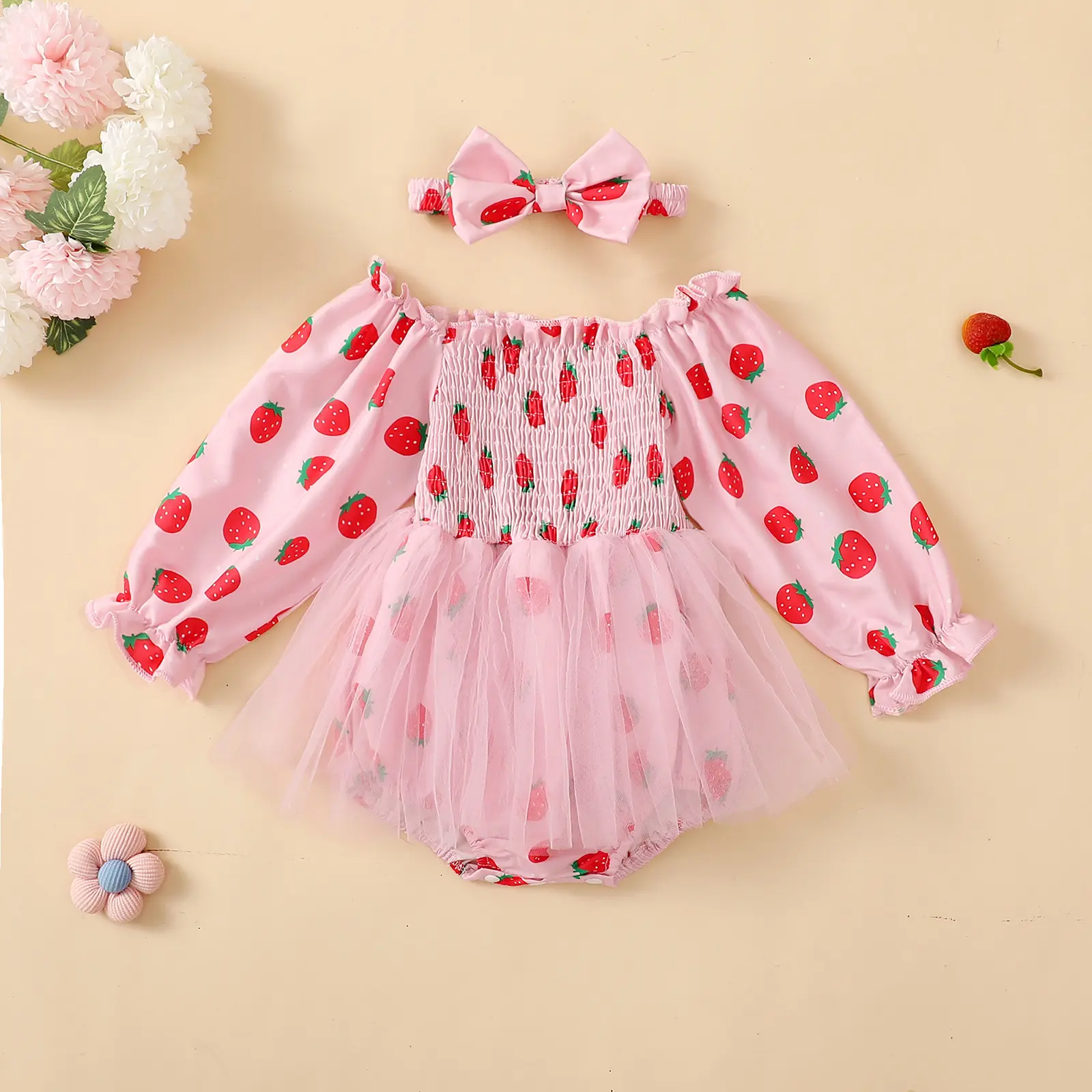 ma&baby 0-18M Baby Girl Romper Newborn Infant Toddler Long Sleeve Strawberry/Floral Daisy Print Jumpsuit Headband Fall Outfits