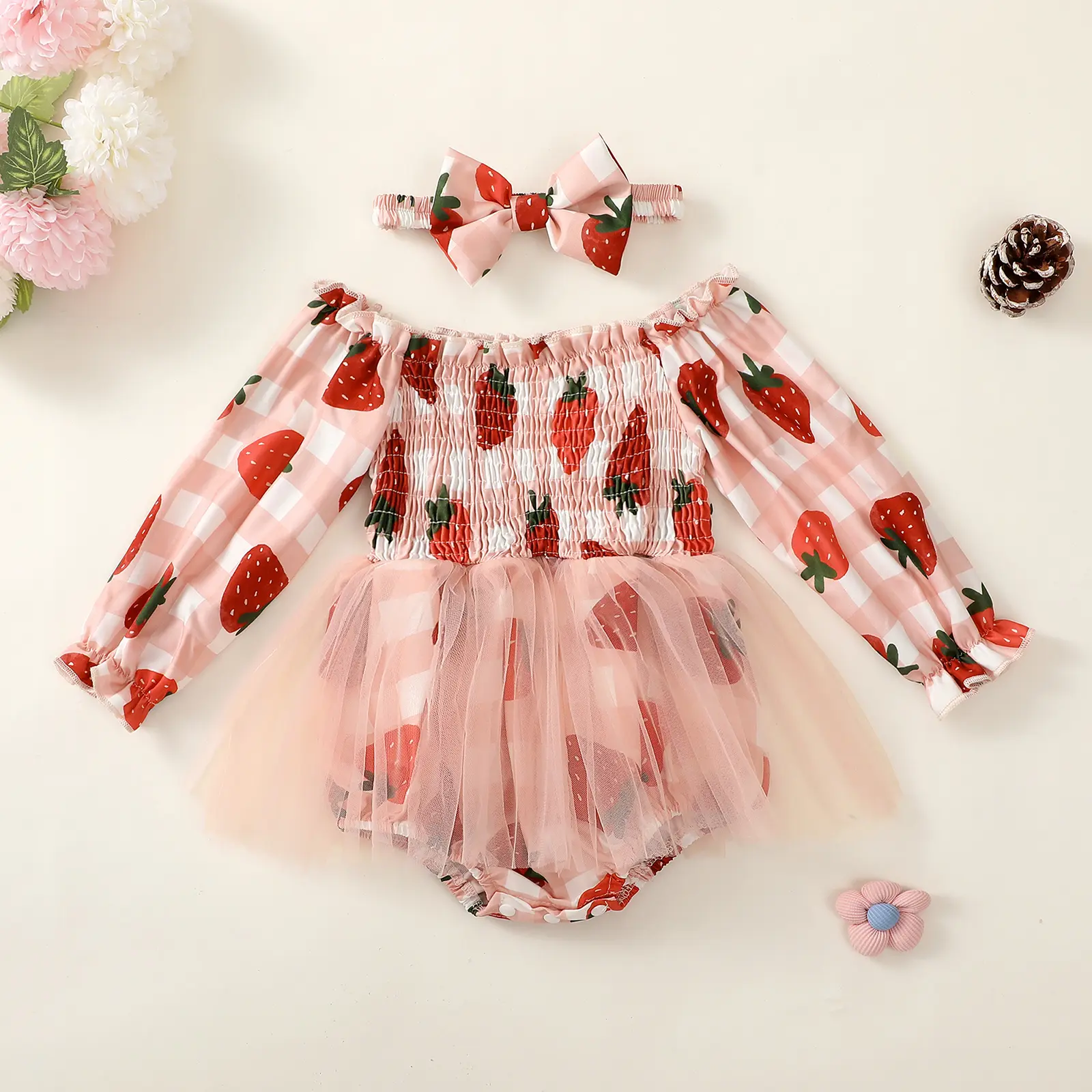 ma&baby 0-18M Baby Girl Romper Newborn Infant Toddler Long Sleeve Strawberry/Floral Daisy Print Jumpsuit Headband Fall Outfits
