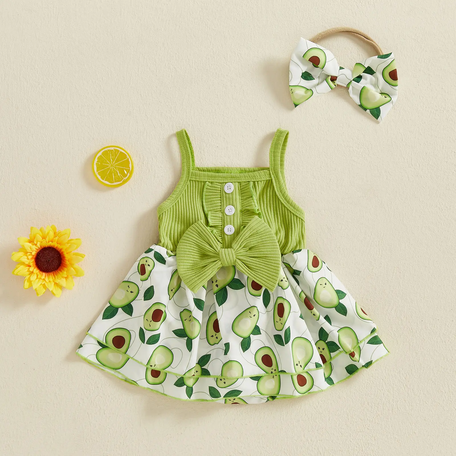 ma&baby 0-18M Newborn Infant Baby Girls Summer Dress Fruit Print Sleeveless Square Neck Bow A-line Dresses with Headband