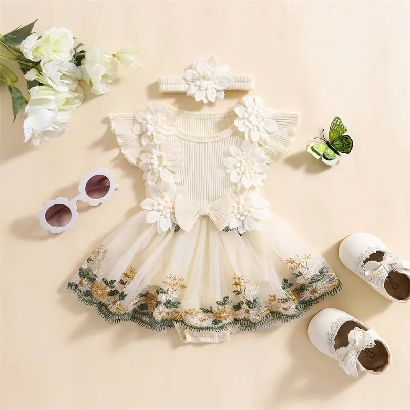 ma&baby 0-24M Newborn Infant Toddler Baby Girls Rompers Floral Embroidery Mesh Jumpsuits with Headband Outfits