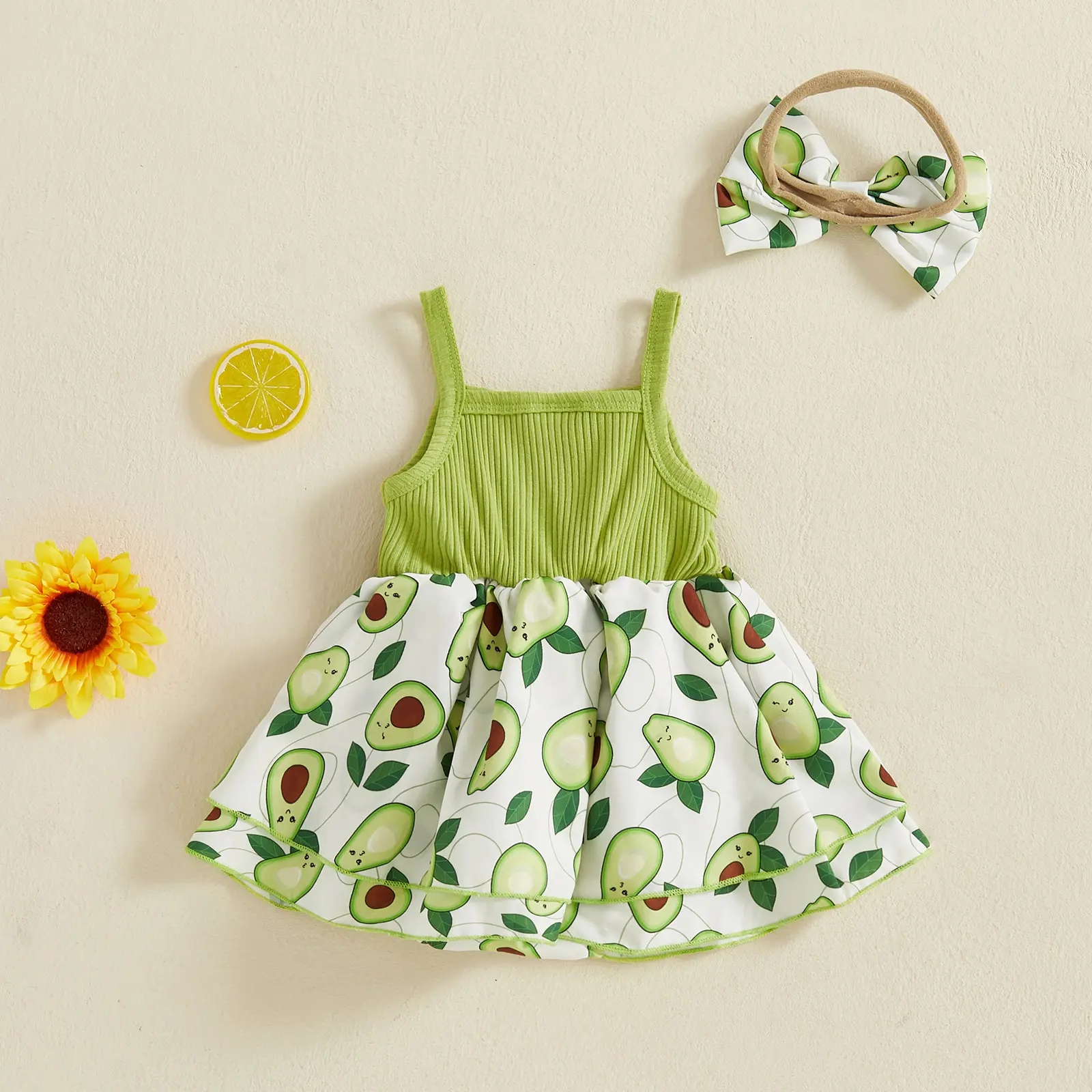 ma&baby 0-18M Newborn Infant Baby Girls Summer Dress Fruit Print Sleeveless Square Neck Bow A-line Dresses with Headband