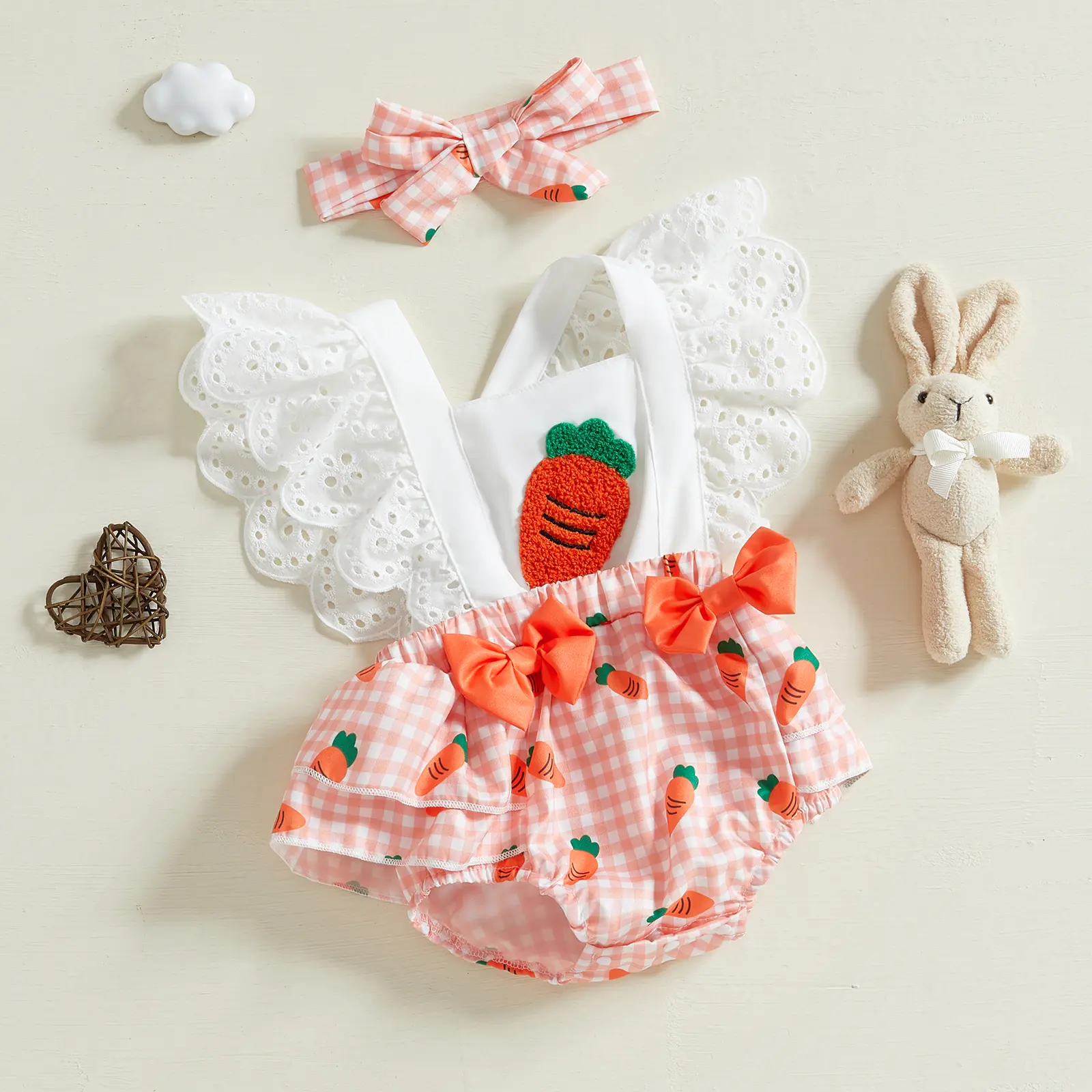 ma&baby 0-18M EasterBaby Girl Romper  Newborn Infnat Rabbit Carrot Print Jumpsuit Overalls  Bow Headband Summer Outfits
