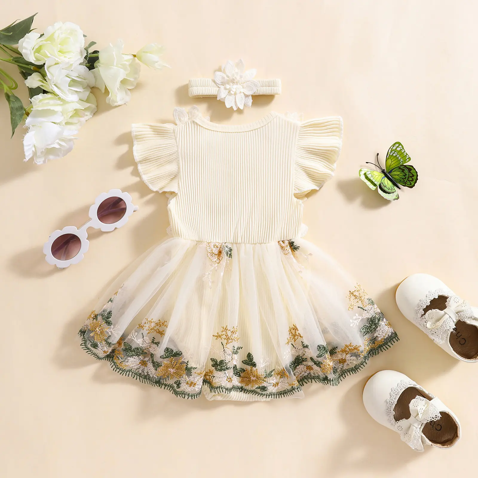 ma&baby 0-24M Newborn Infant Toddler Baby Girls Rompers Floral Embroidery Mesh Jumpsuits with Headband Outfits