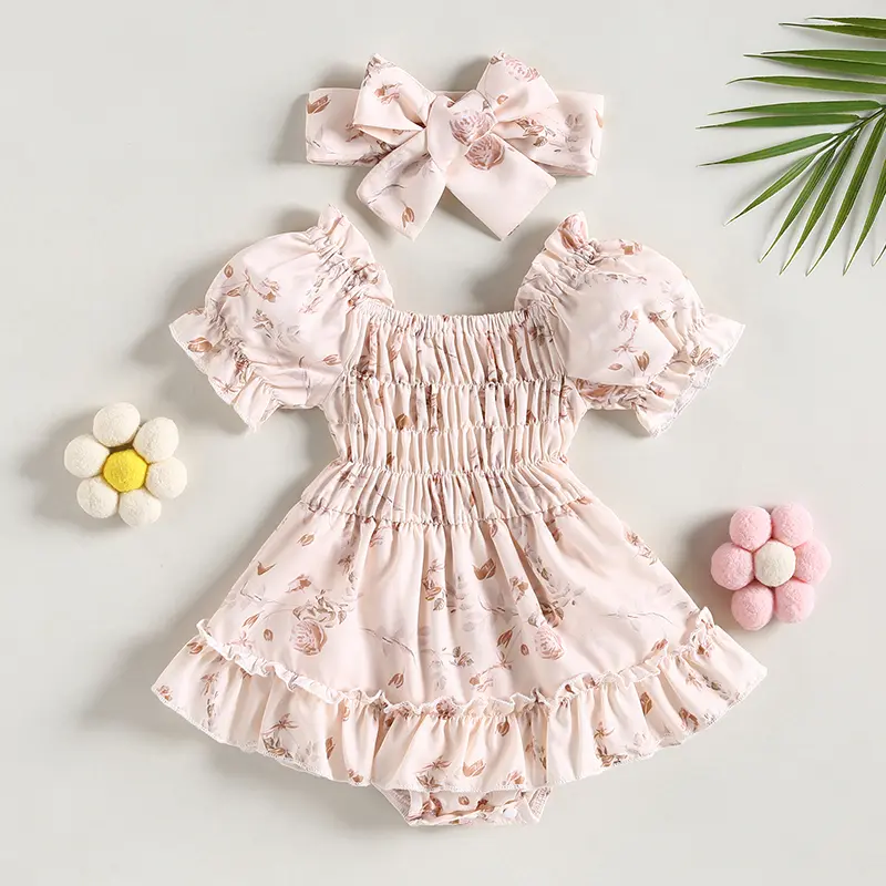 ma&Baby 0-24M Baby Girl Romper Newborn Infant Toddler Floral Print Ruffle Jumpsuit Playsuit Sunsuit Headband Outfits