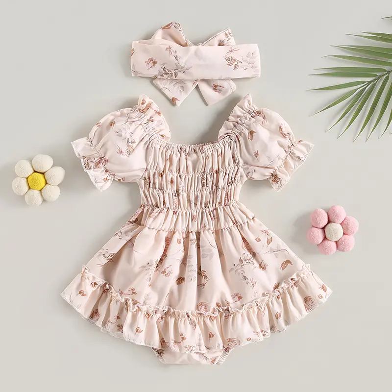 ma&Baby 0-24M Baby Girl Romper Newborn Infant Toddler Floral Print Ruffle Jumpsuit Playsuit Sunsuit Headband Outfits