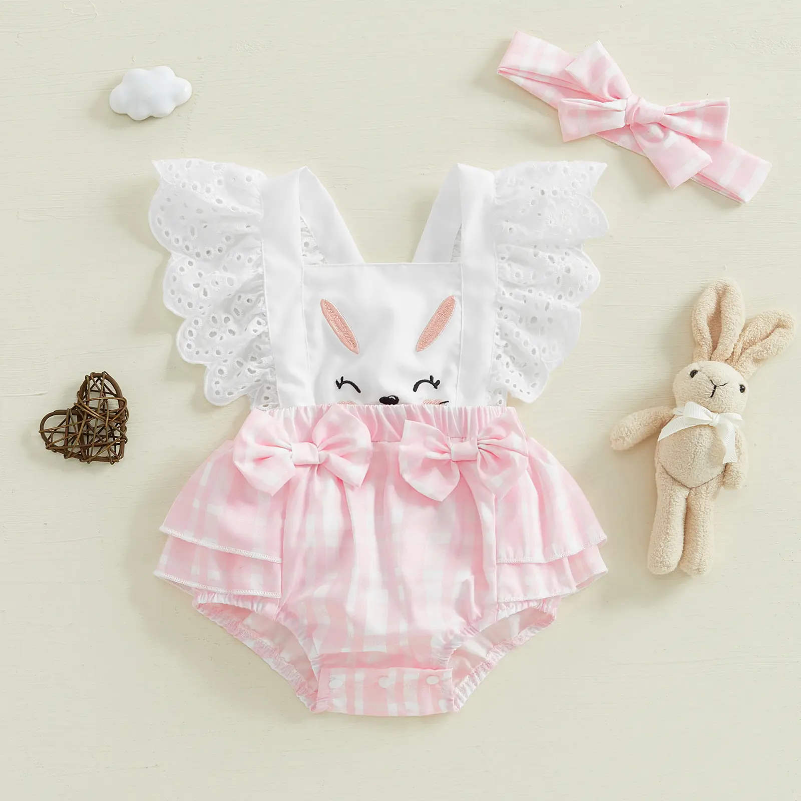 ma&baby 0-18M EasterBaby Girl Romper  Newborn Infnat Rabbit Carrot Print Jumpsuit Overalls  Bow Headband Summer Outfits