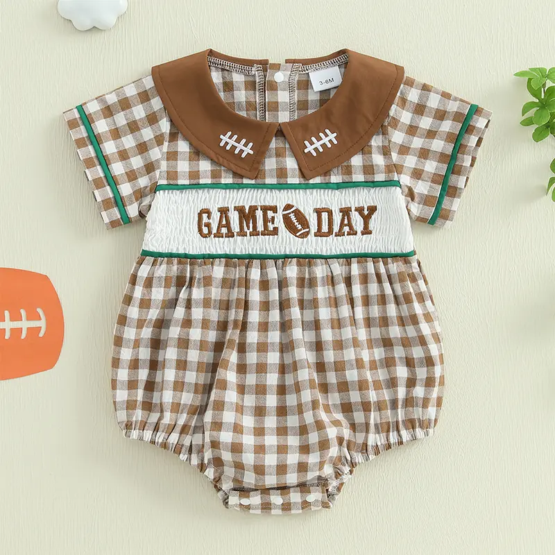 ma&baby 0-18M Baby Girls Summer Romper Newborn Infant  Plaid Print Letter Embroidery Short Sleeve Jumpsuit
