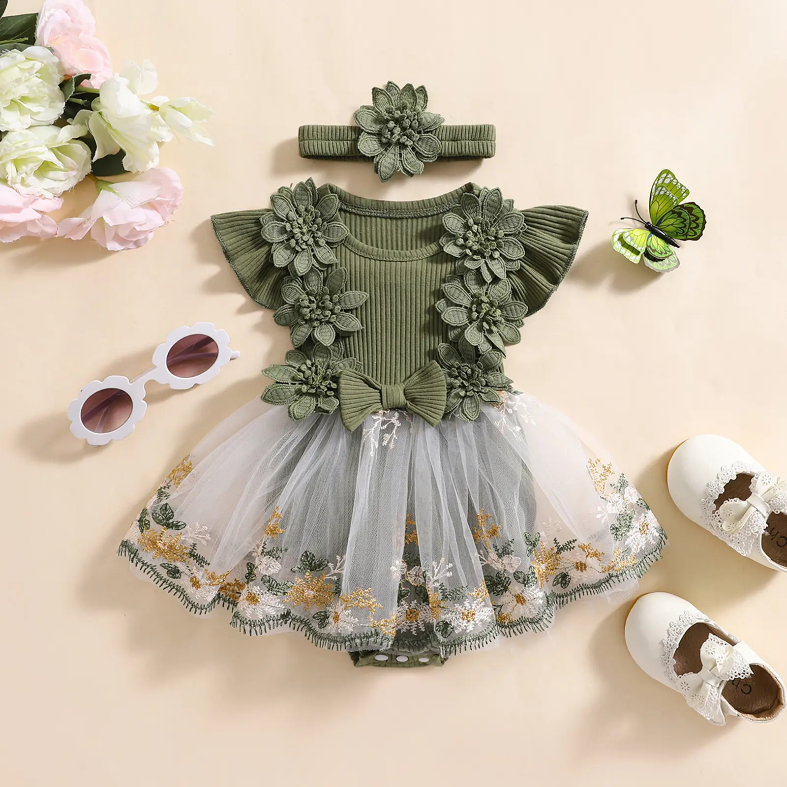 ma&baby 0-24M Newborn Infant Toddler Baby Girls Rompers Floral Embroidery Mesh Jumpsuits with Headband Outfits