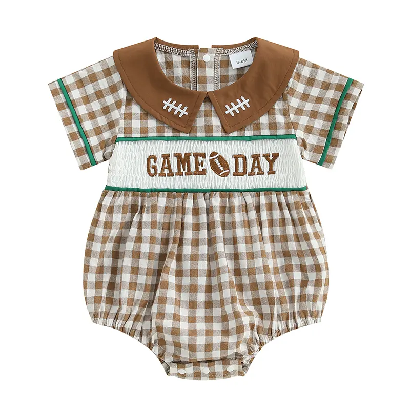 ma&baby 0-18M Baby Girls Summer Romper Newborn Infant  Plaid Print Letter Embroidery Short Sleeve Jumpsuit