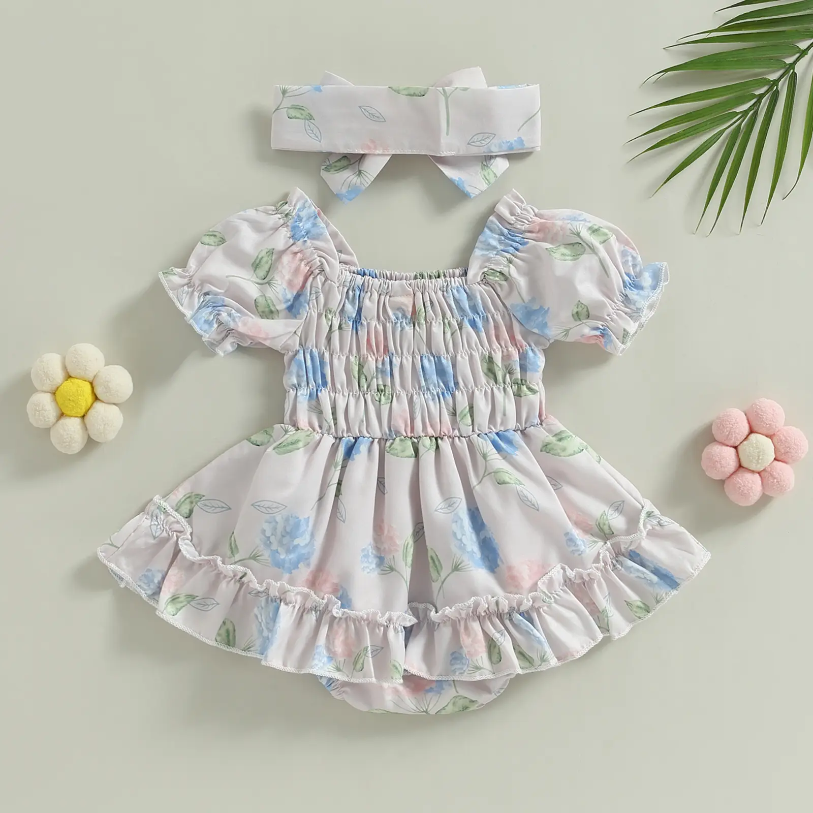 ma&Baby 0-24M Baby Girl Romper Newborn Infant Toddler Floral Print Ruffle Jumpsuit Playsuit Sunsuit Headband Outfits