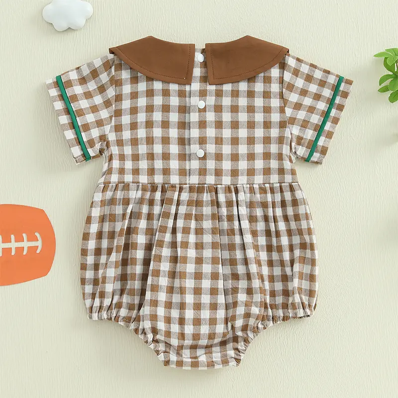 ma&baby 0-18M Baby Girls Summer Romper Newborn Infant  Plaid Print Letter Embroidery Short Sleeve Jumpsuit