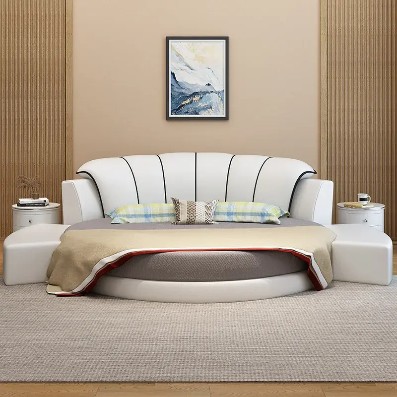 Princess Leather Luxury Double Bed Modern Loft Adults White Queen Round Bed Frames Mattress Camas De Dormitorio Home Furniture
