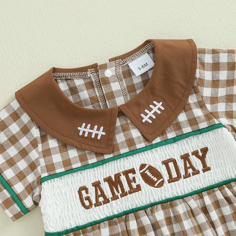 ma&baby 0-18M Baby Girls Summer Romper Newborn Infant  Plaid Print Letter Embroidery Short Sleeve Jumpsuit