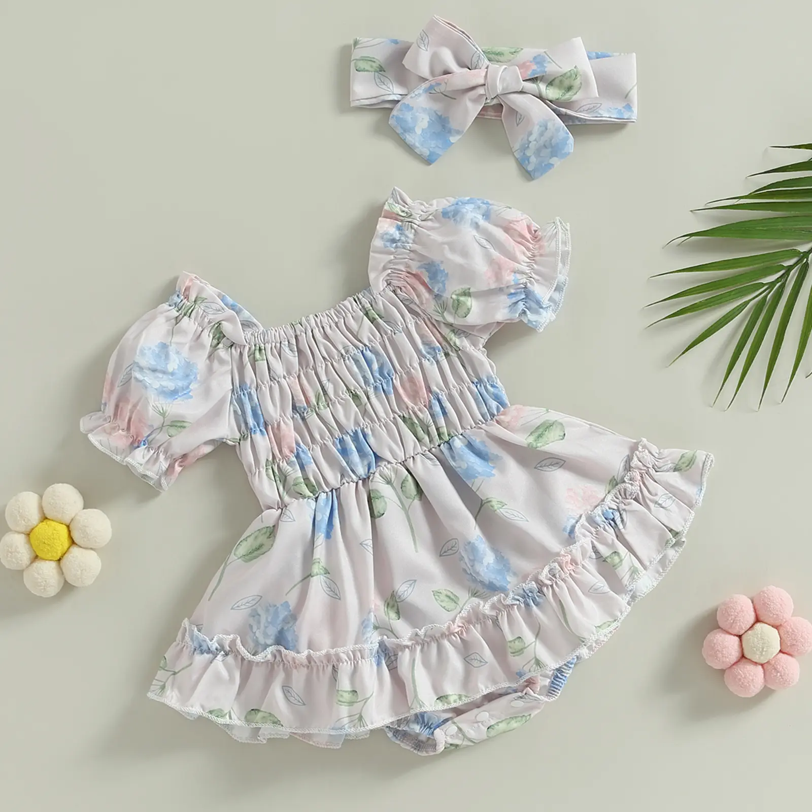 ma&Baby 0-24M Baby Girl Romper Newborn Infant Toddler Floral Print Ruffle Jumpsuit Playsuit Sunsuit Headband Outfits