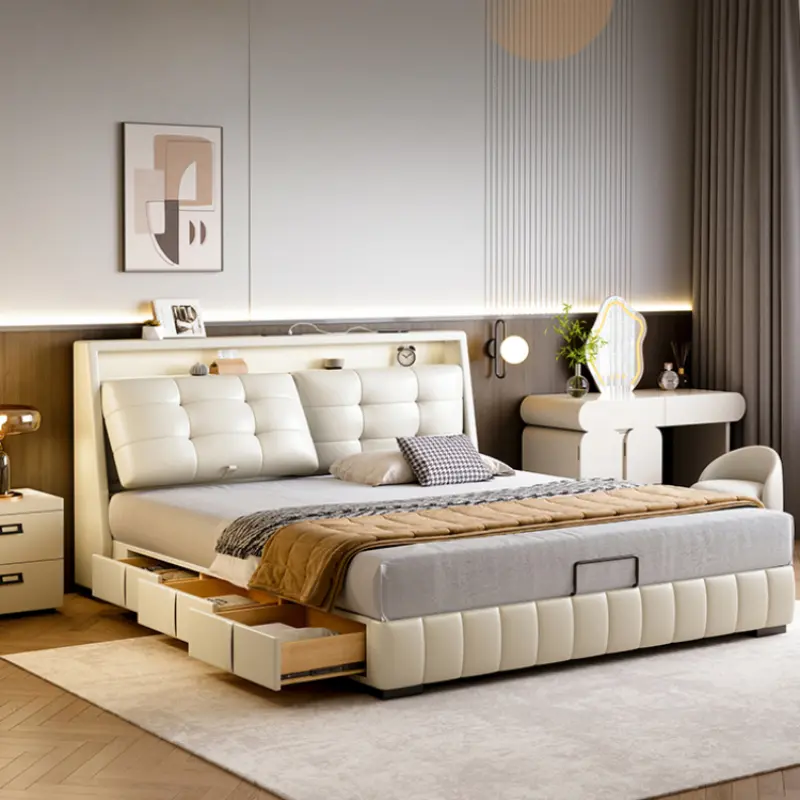 Design Leather Modern Double Bed Luxury Loft Adults Space Saving Double Bed Frames Queen Cama De Casal Furniture For Bedroom