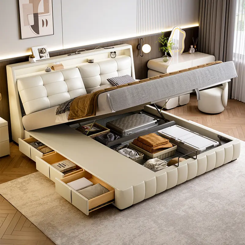 Design Leather Modern Double Bed Luxury Loft Adults Space Saving Double Bed Frames Queen Cama De Casal Furniture For Bedroom