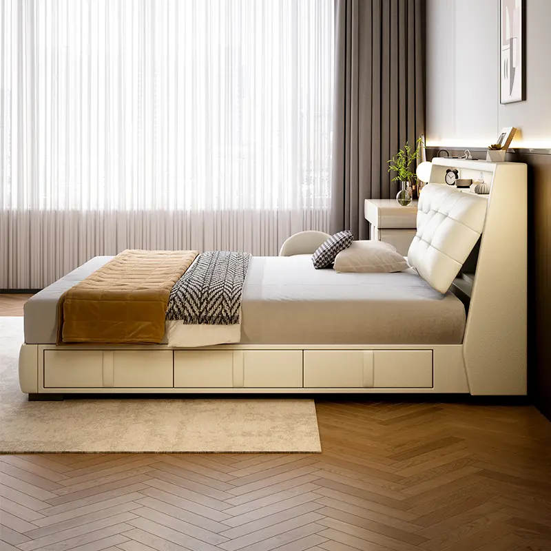 Design Leather Modern Double Bed Luxury Loft Adults Space Saving Double Bed Frames Queen Cama De Casal Furniture For Bedroom