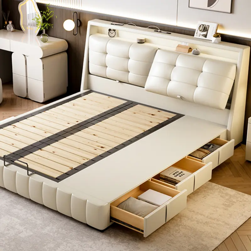 Design Leather Modern Double Bed Luxury Loft Adults Space Saving Double Bed Frames Queen Cama De Casal Furniture For Bedroom