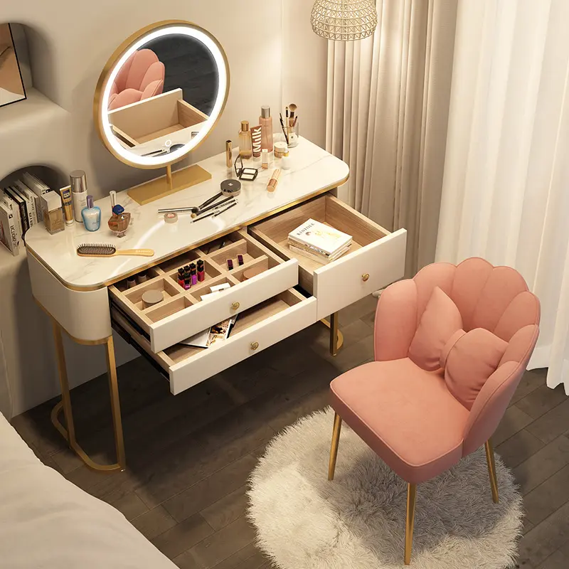 Women Organizer Vanity Tables Storage Drawers Nordic Luxury Modern Dressers Mirror Chair Girls Tocador Maquillaje Furniture