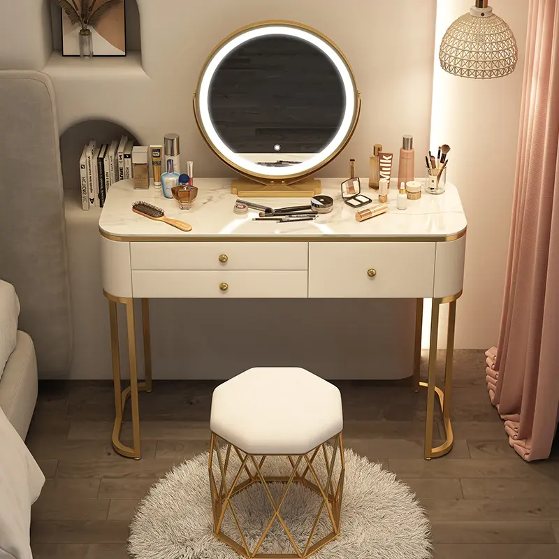 Women Organizer Vanity Tables Storage Drawers Nordic Luxury Modern Dressers Mirror Chair Girls Tocador Maquillaje Furniture