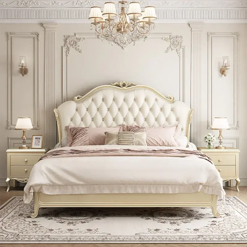 Europen Designer Modern Bed Base Wood Princess High Bedroom Double Bed Frames Full Size High Cama Grande Bedroom Furniture